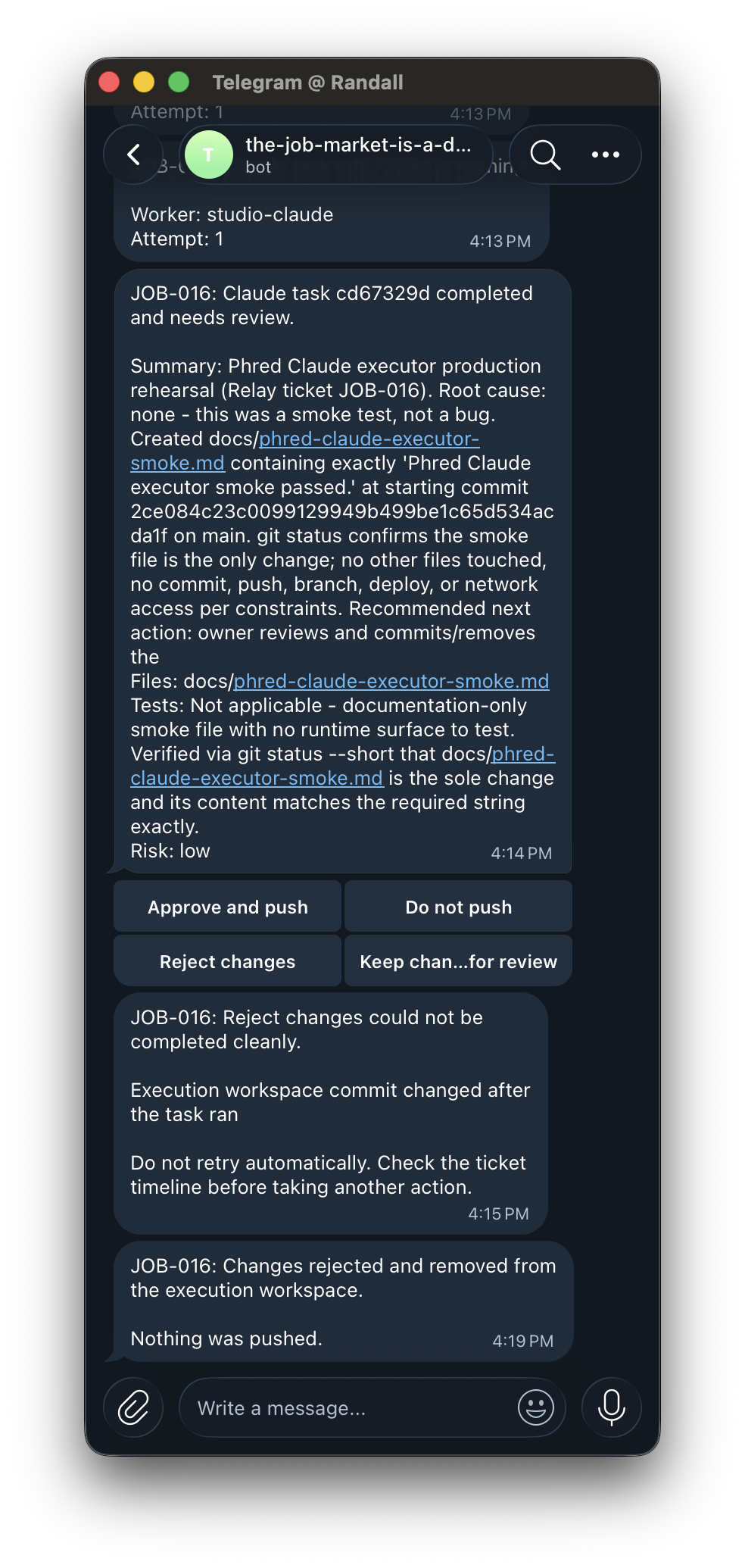 Telegram thread showing a completed Claude task awaiting review with summary, files, tests, and low risk, followed by review buttons, a conflict notice, and confirmation that nothing was pushed