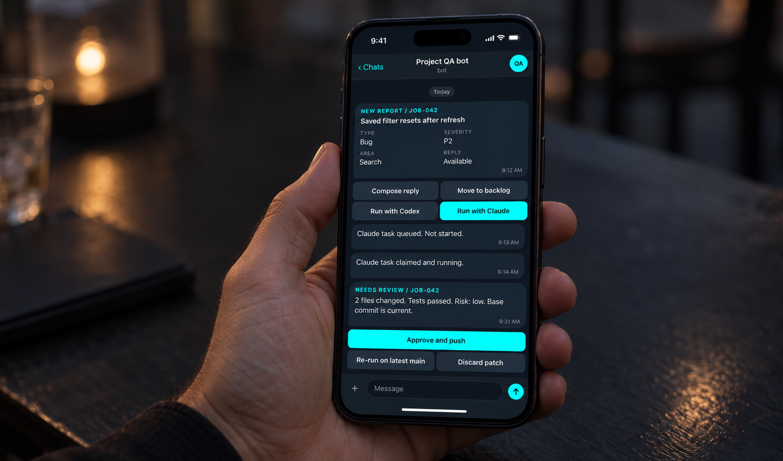 A hand holding an iPhone showing a Telegram QA bot thread, with Run with Claude and Approve and push selected