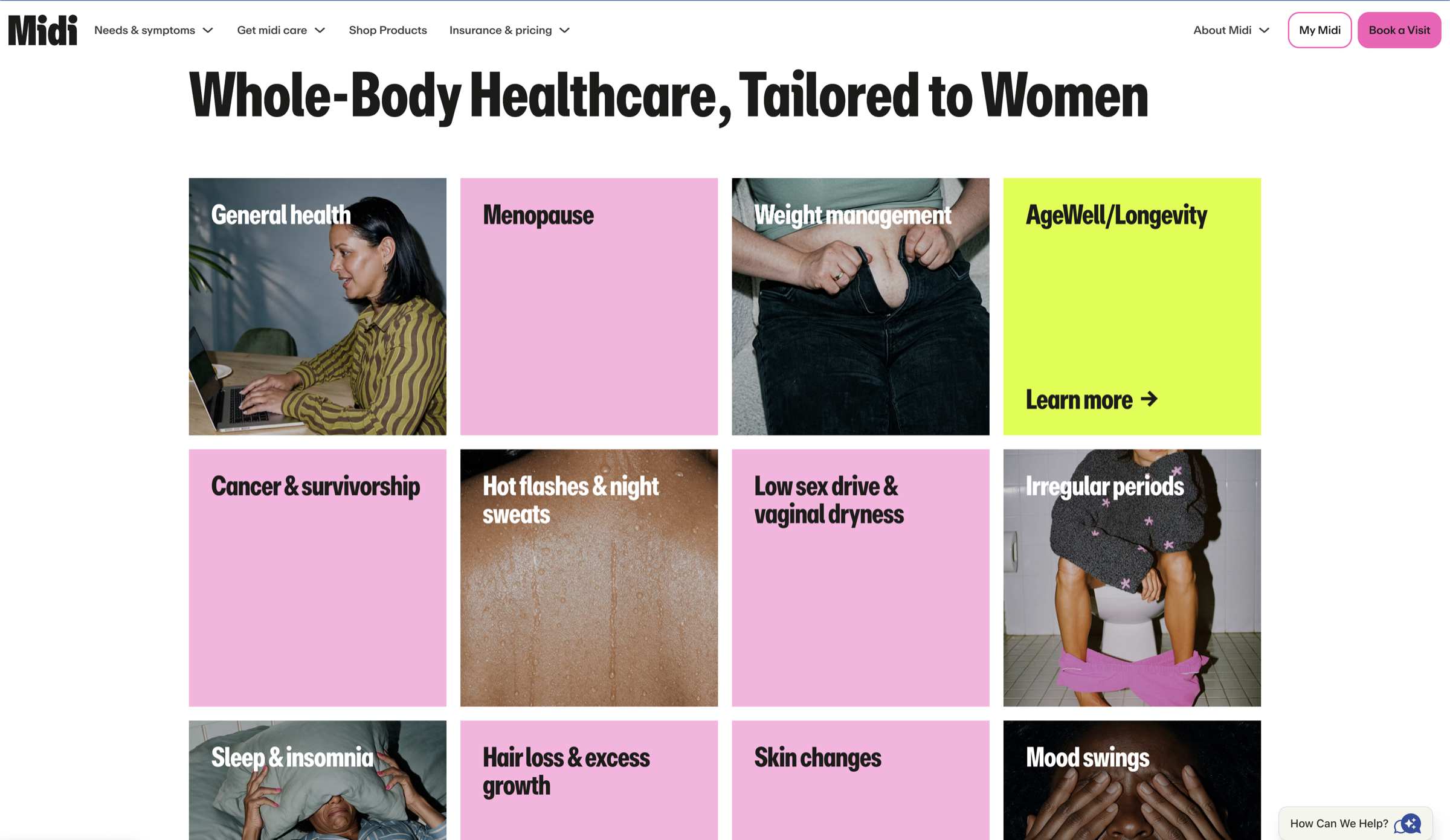 Midi Health rebrand page showing a colorful grid of personalized care categories