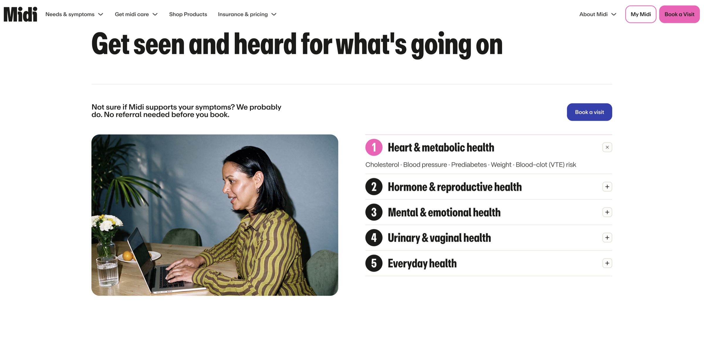 Midi website page showing the virtual care process