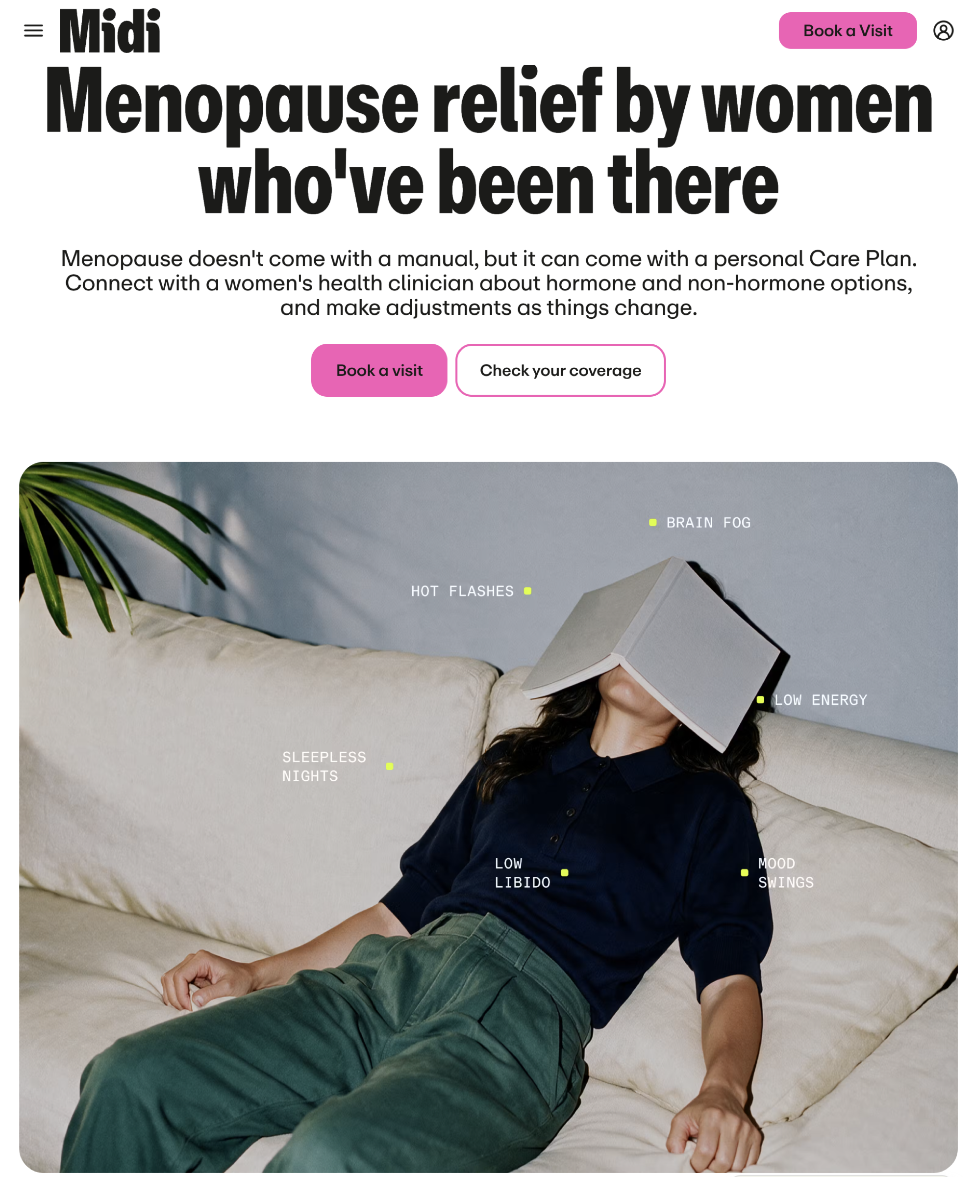 Midi website page describing insurance-covered menopause care