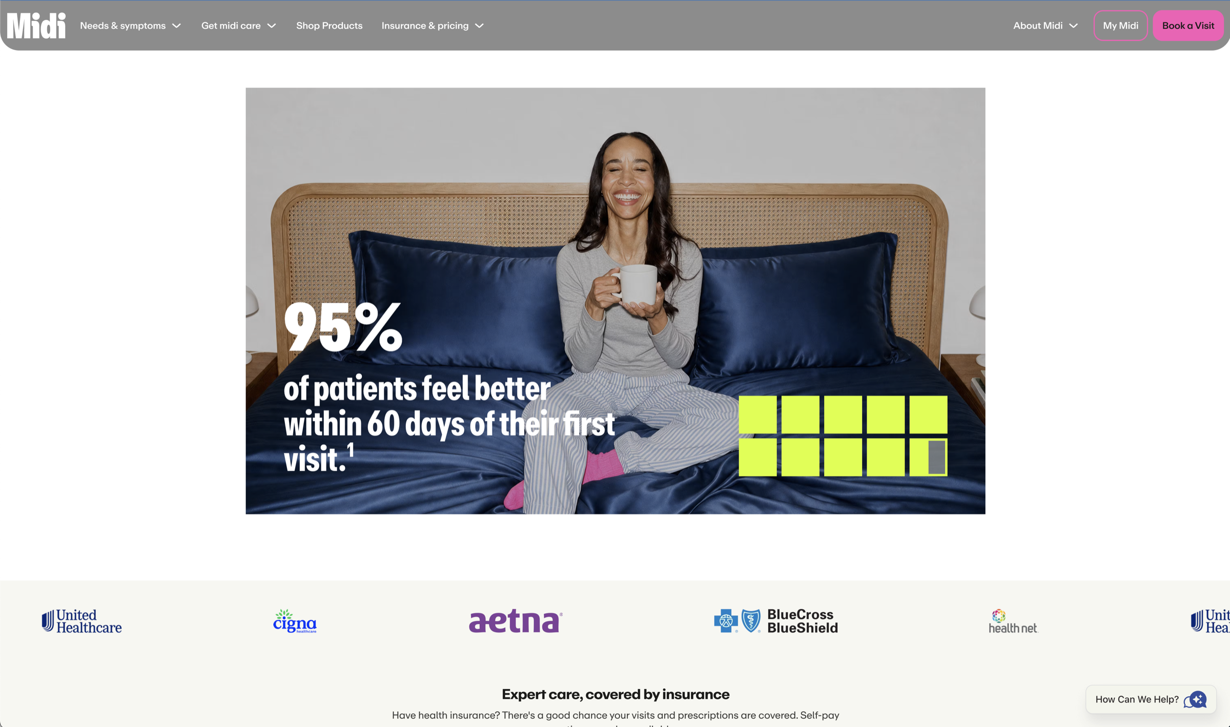 Final Midi website composition featuring the ambassador on a bed