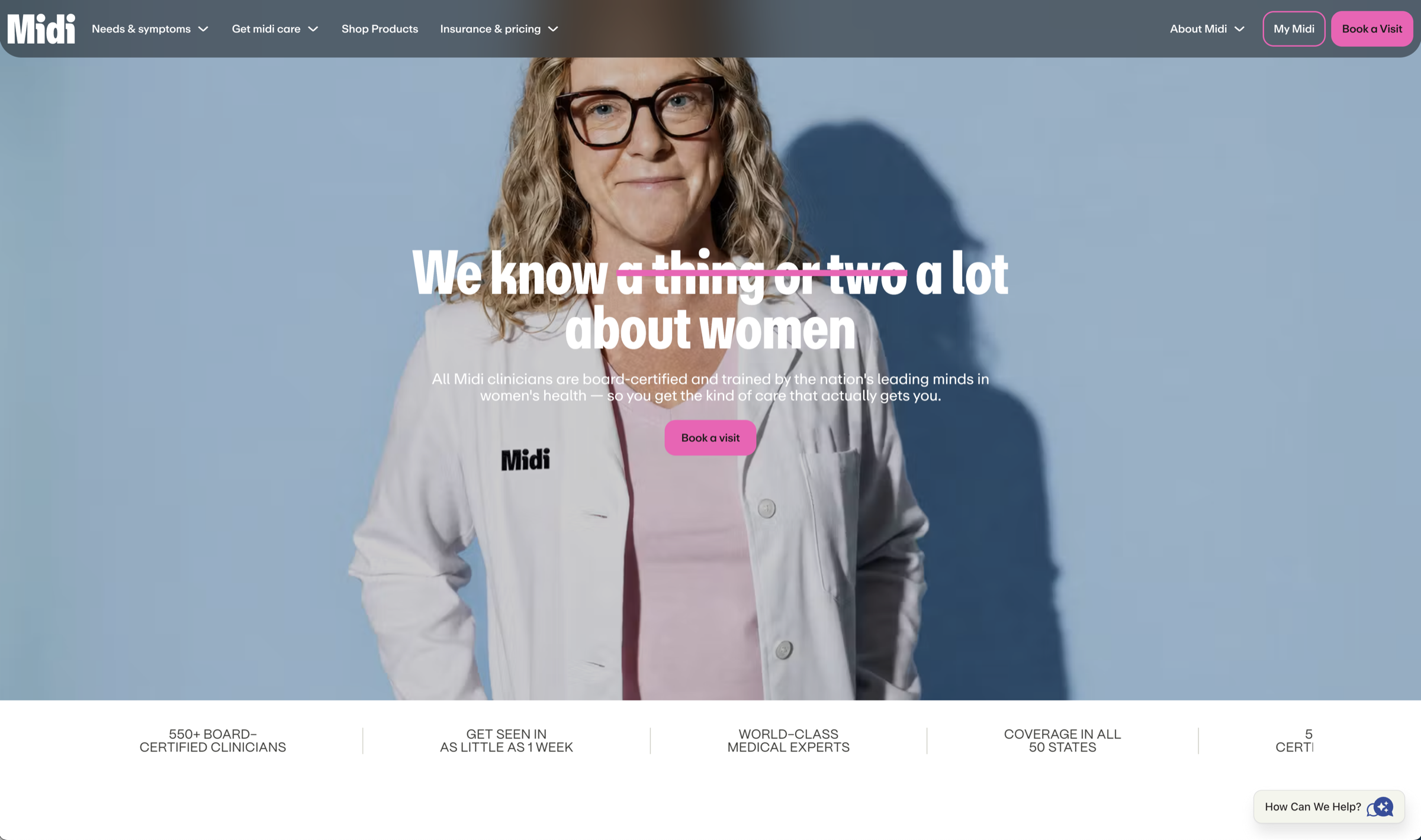 Final Midi website hero featuring the clinician in a branded white coat