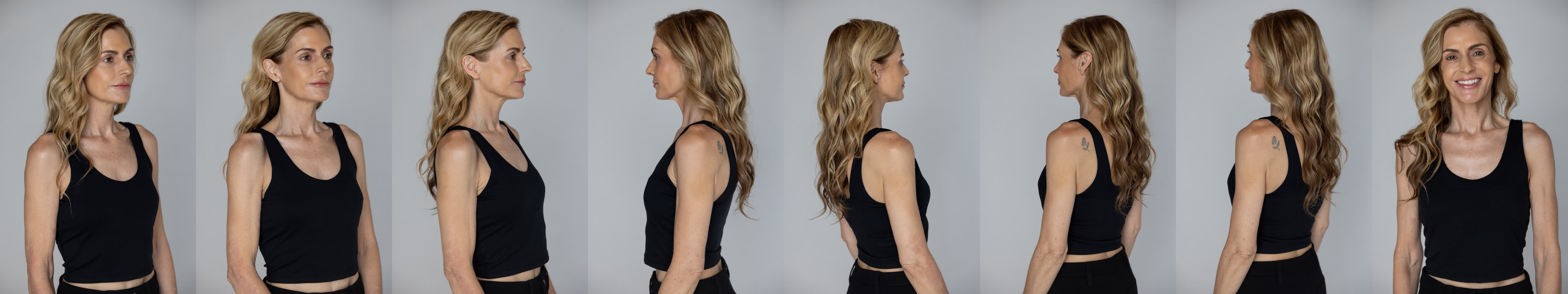 Eight studio reference images rotating around one model for identity capture