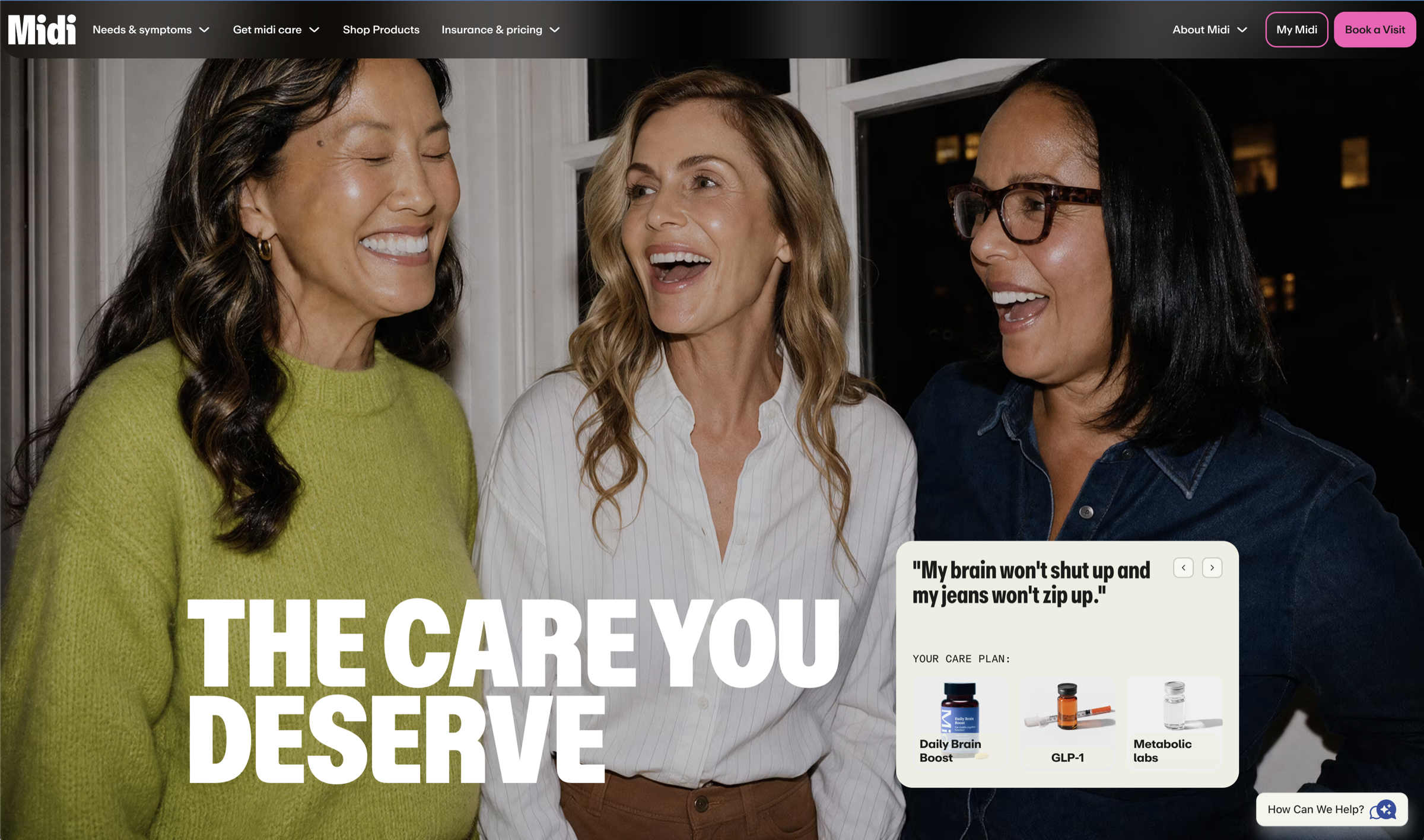 Three women laughing together in Midi Health's redesigned website hero